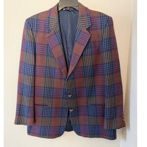 Women's Vintage Corbin Wool Blue Purple Tan Plaid Suit Jacket Blazer Size 14